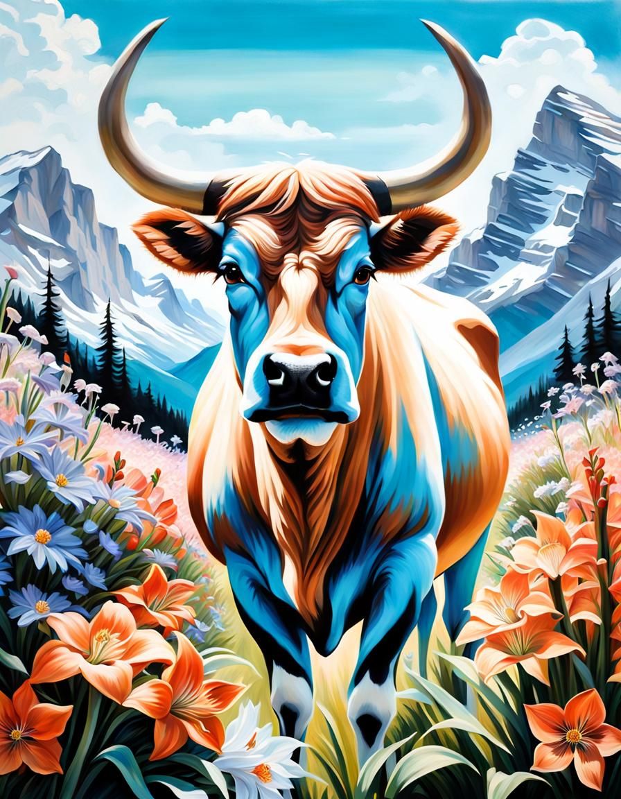 Auroch in Alpine Meadow: Avant-Garde Acrylic Art
