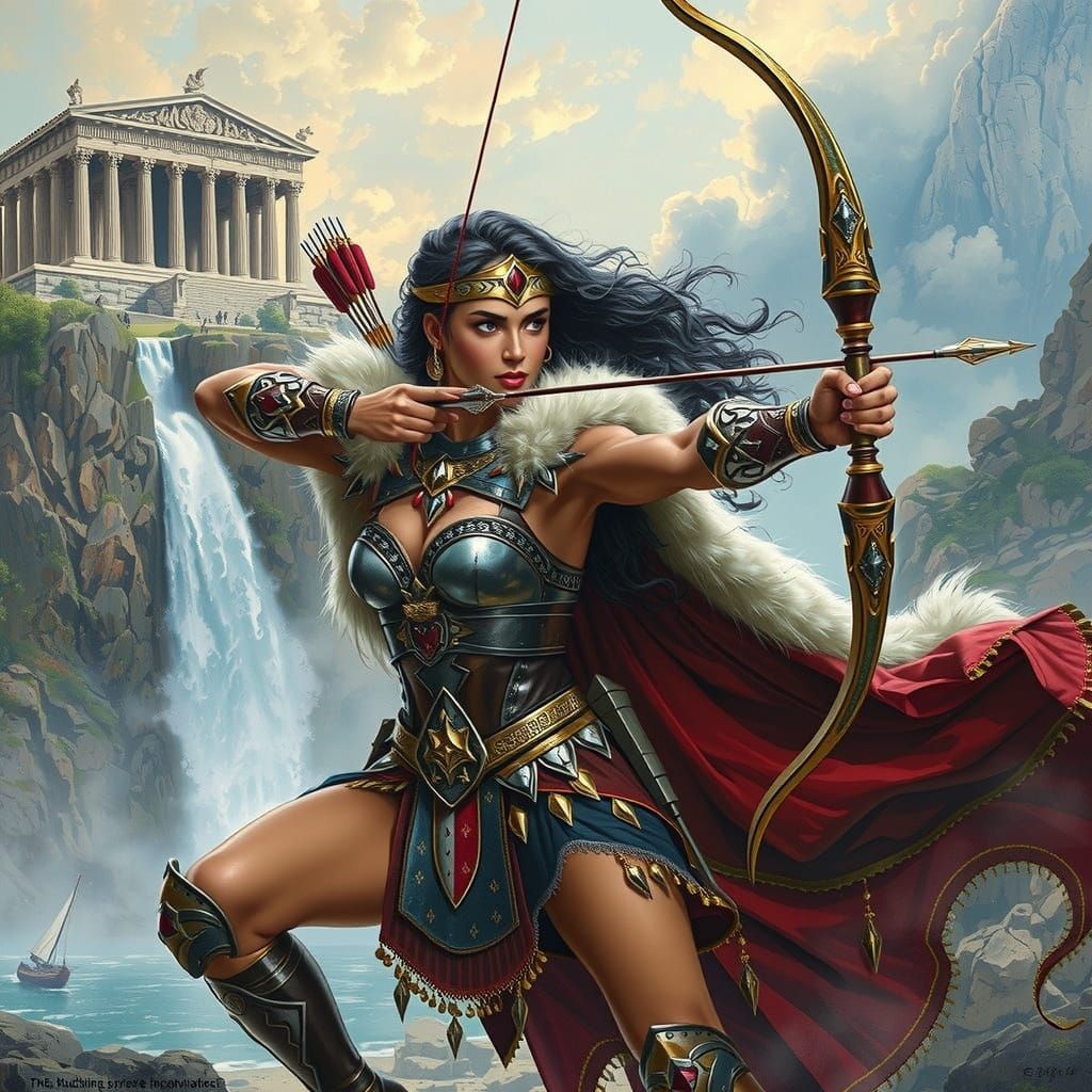 Amazon Warrior Queen with Ornate Bow in Epic Fantasy Style