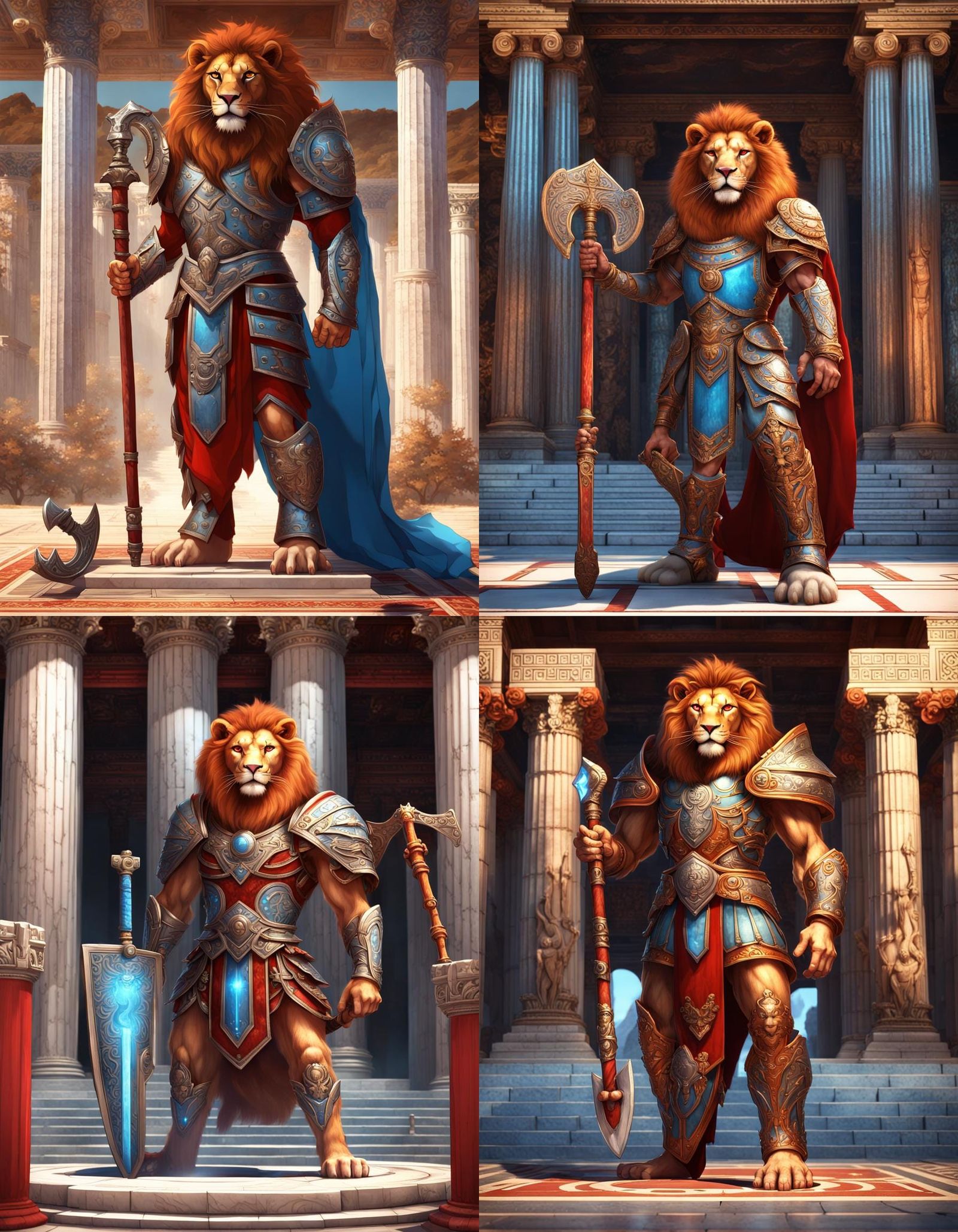 Armored Lion Warrior in Greek Temple, Dark Fantasy Art