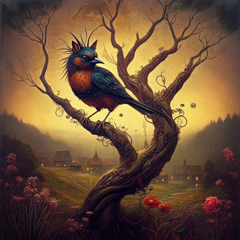 Mystical Nightingale Emerges from Twisted Tree