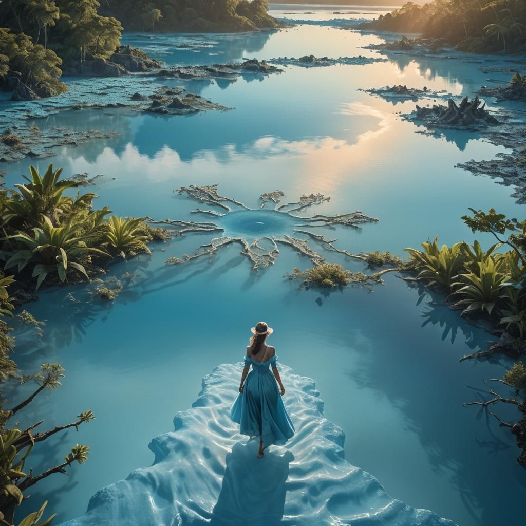 Blue Lagoon: Woman Emerges at Sunrise, Digital Painting