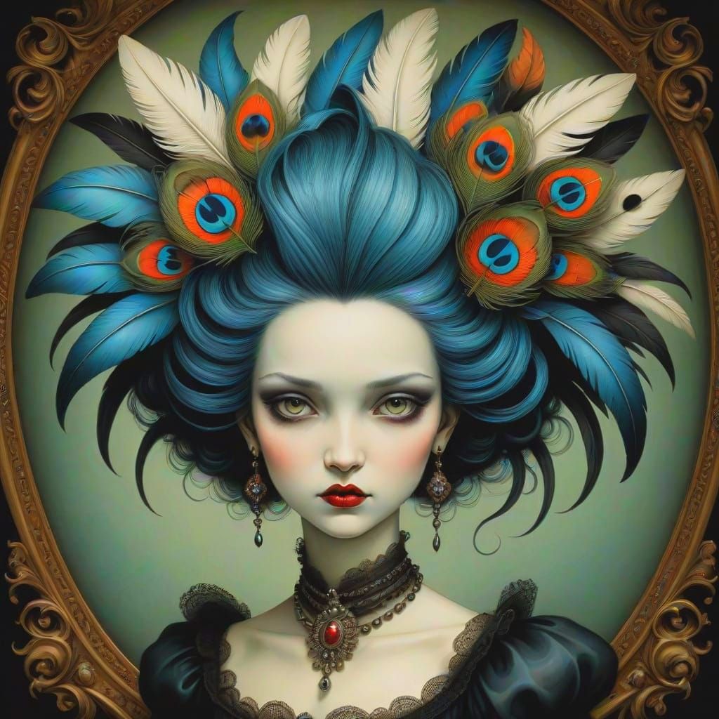 A Mournful Beauty with Feathered Locks in a Gothic Dreamscap...