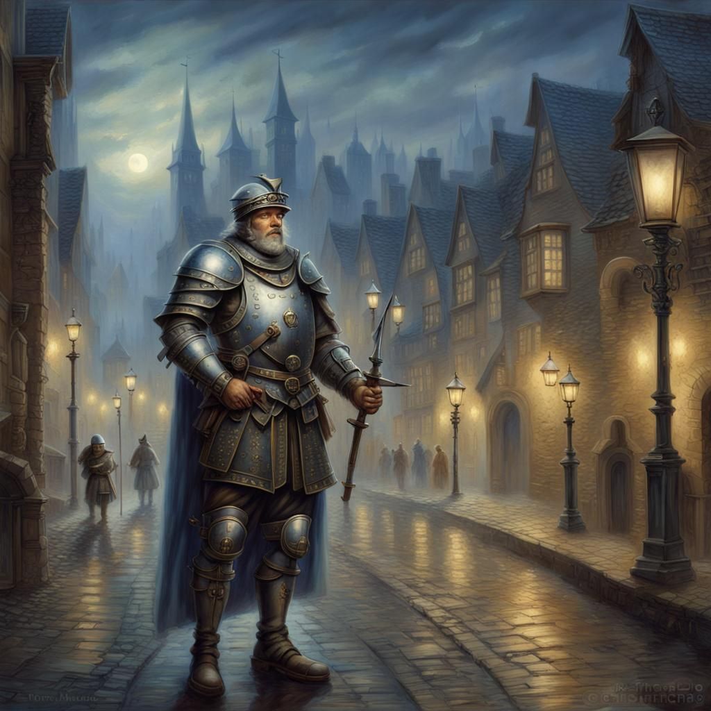 Medieval Night Watch Sergeant in Misty Town