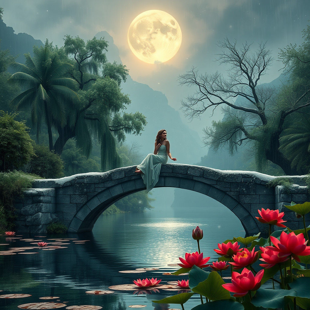 Serene Woman on Ancient Bridge in Dreamlike Scene
