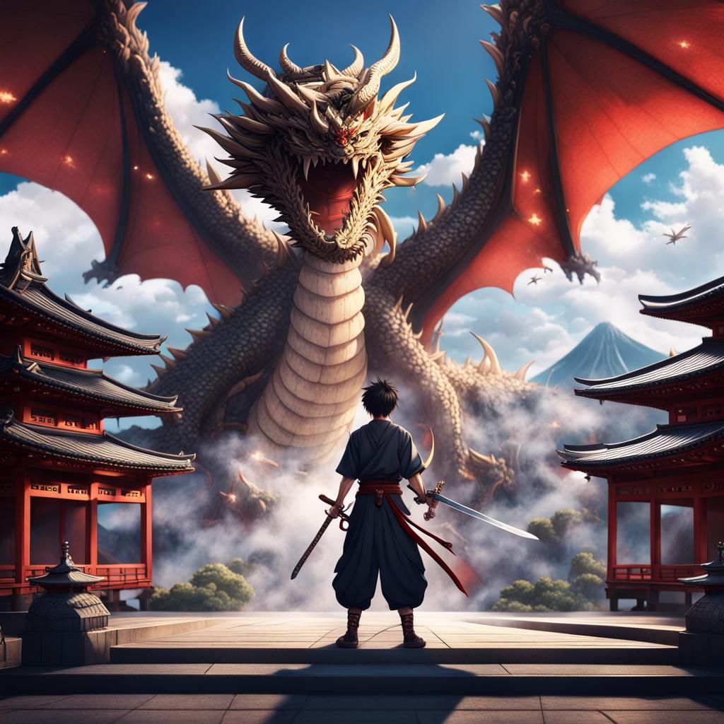 Anime Swordsman with Dragon and Temple