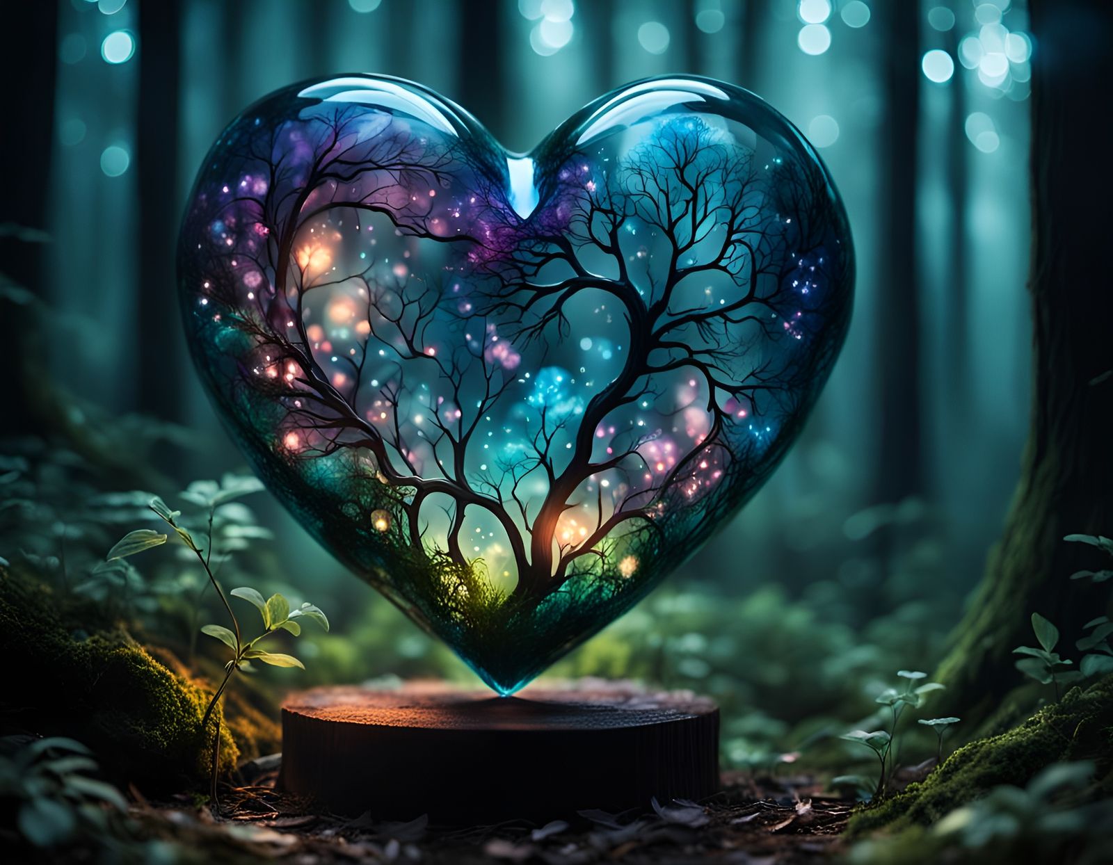 Bioluminescent Heart in Enchanted Forest at Night