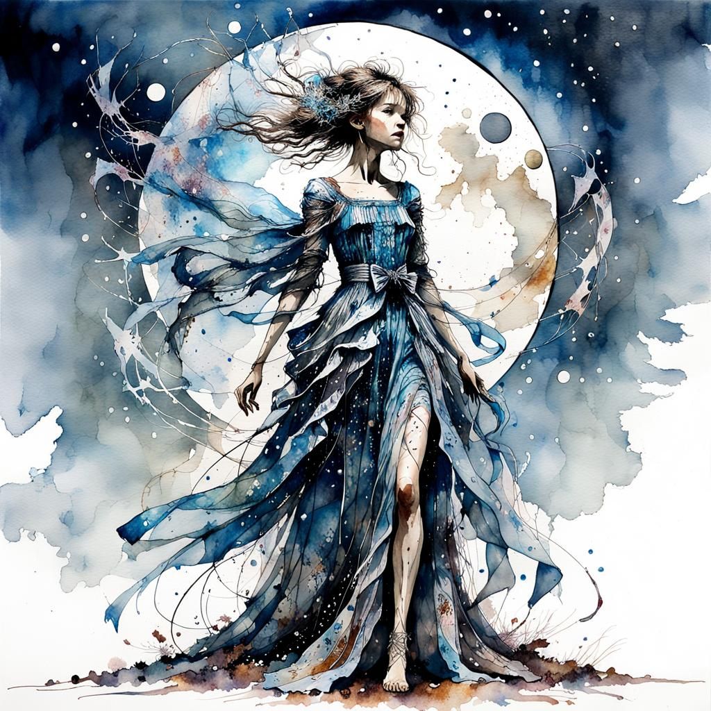 Woman in Bow Dress: Watercolor Ink Painting on Silk