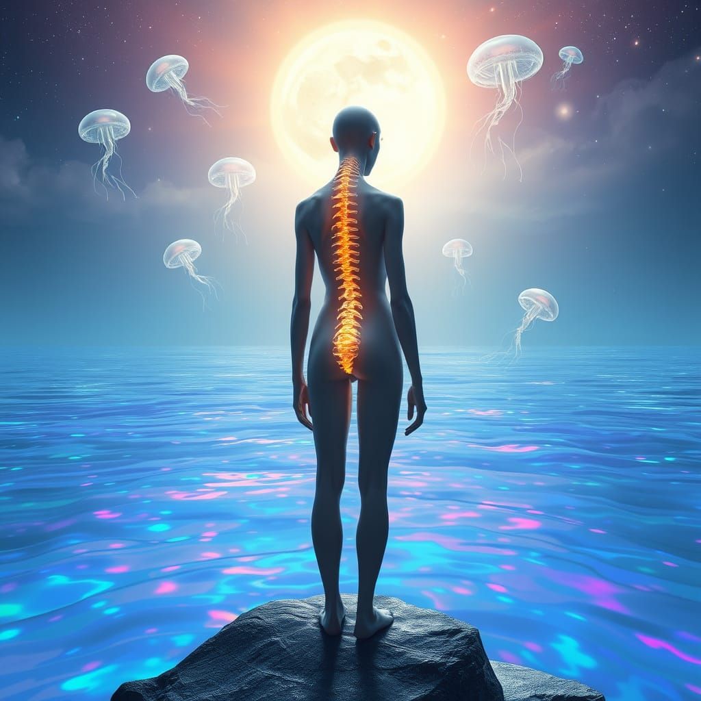 Surreal Cosmic Unity: A Humanoid Figure Embodies the Essence...