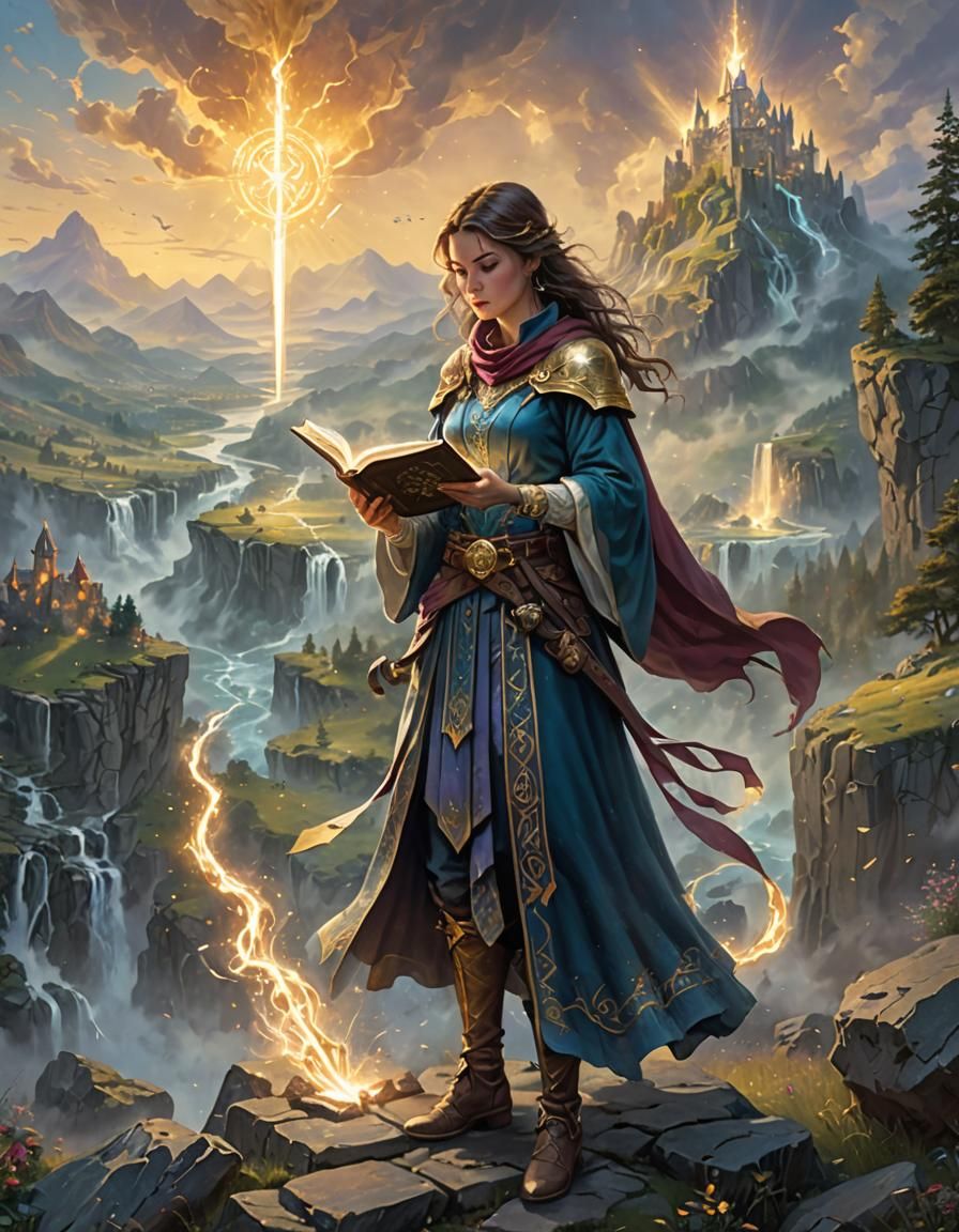 Battle Mage with Magical Book in Ethereal Landscape