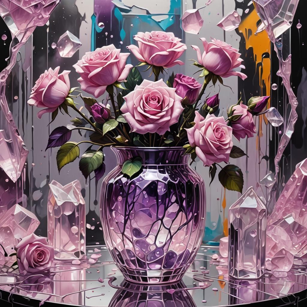 Rose Quartz Roses in Amethyst Vase, Graffiti Art