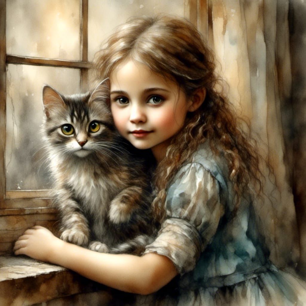 Watercolor Portrait of Young Woman with Sparkling Eyes