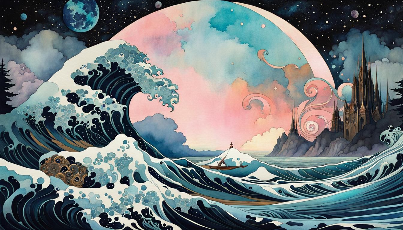 Art Nouveau Ocean Waves in Watercolor Light Wash