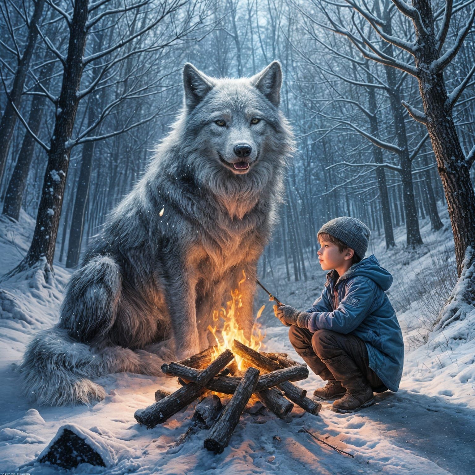 Impressionist Painting of Boy by Campfire in Winter