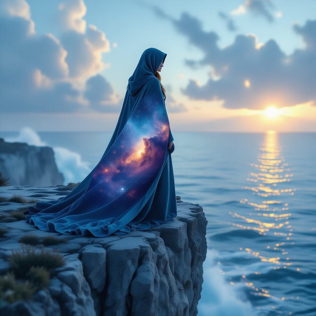 Surreal Nebula Ocean Vista with Double Exposure Woman