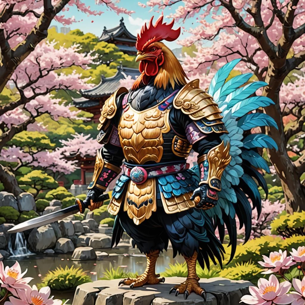 Samurai Rooster in Anime Style Japanese Garden