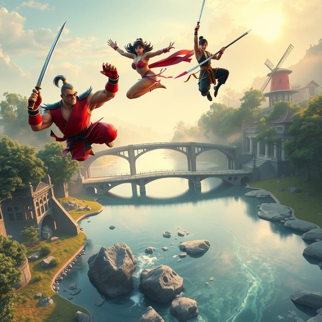 Martial Arts Masters Over Serene River in Anime Style