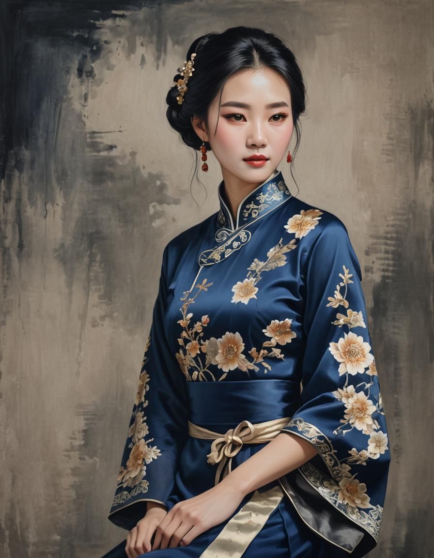 Beautiful Chinese Woman in Traditional Dark Blue Dress