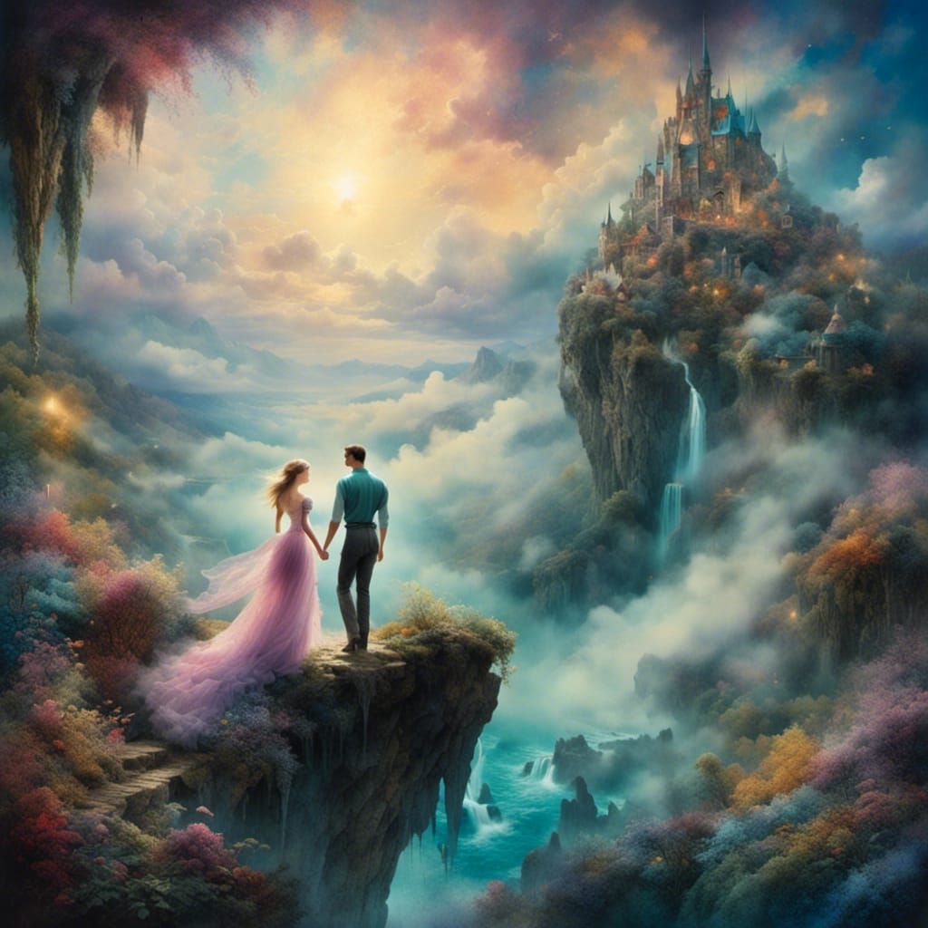 Passionate Couple in Ethereal Watercolor Landscape
