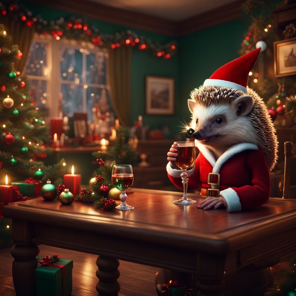 Drunk Hedgehog in Christmas Outfit: Detailed Matte Painting