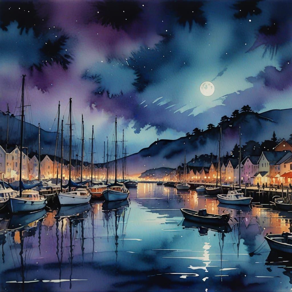 Moonlit Harbor at Night in Watercolor Style