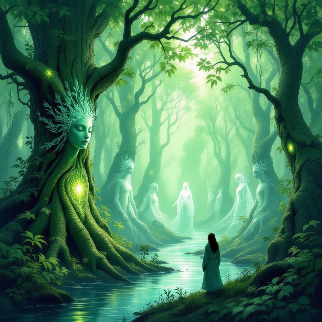 Mystical Forest Spirits Witnessing Nature's Cycle