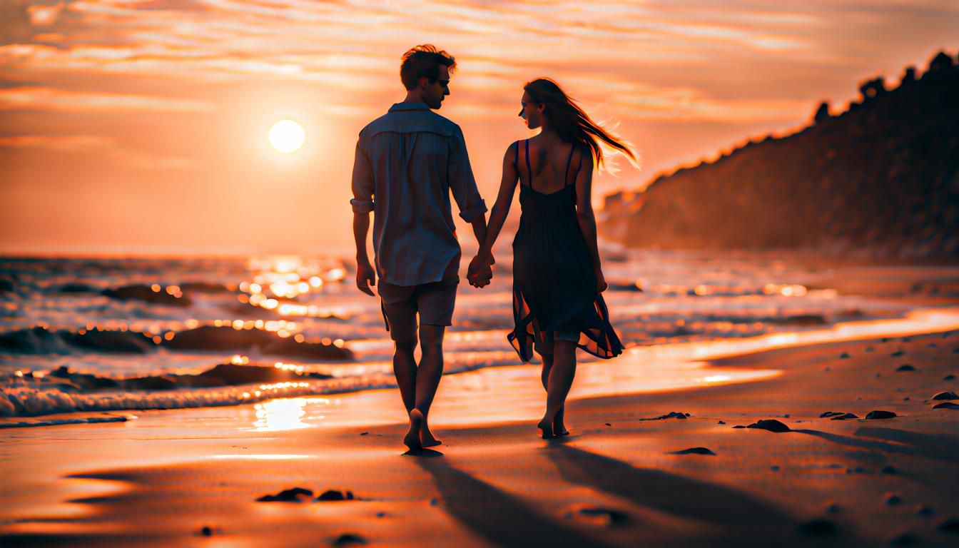 Romantic Sunset Beach Walk: Photorealistic 8K Image
