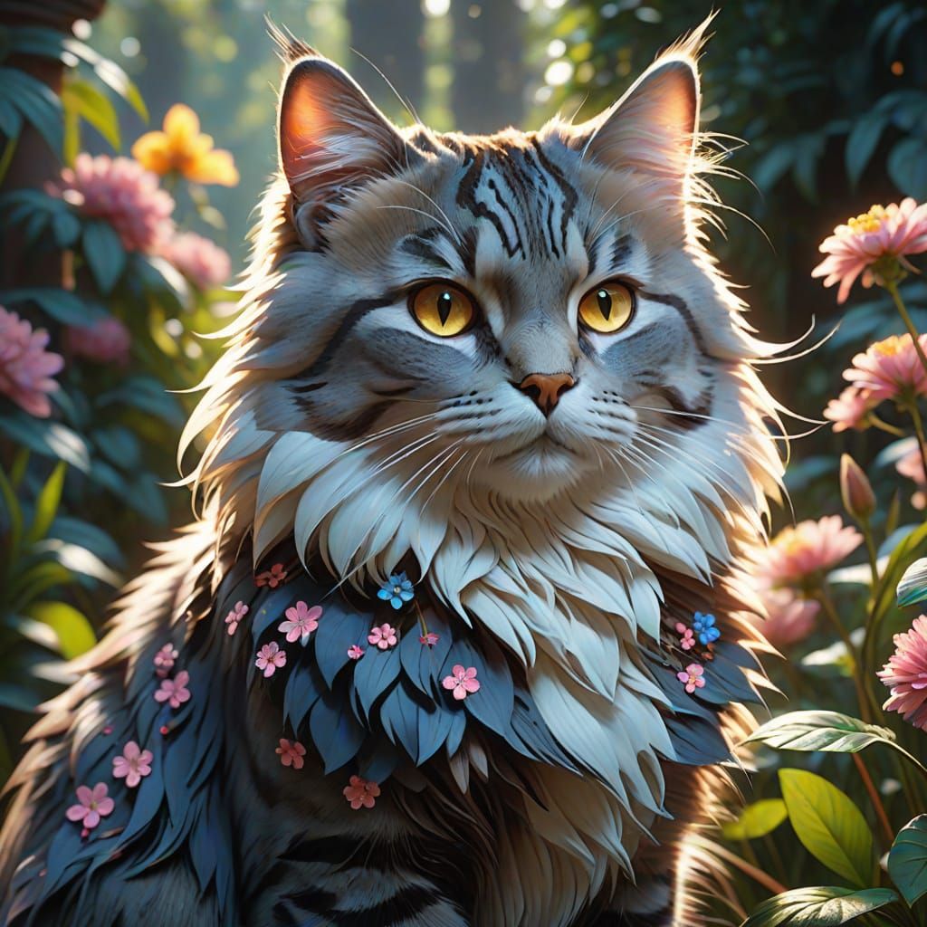 Floral Cat Portrait in Mystical Garden