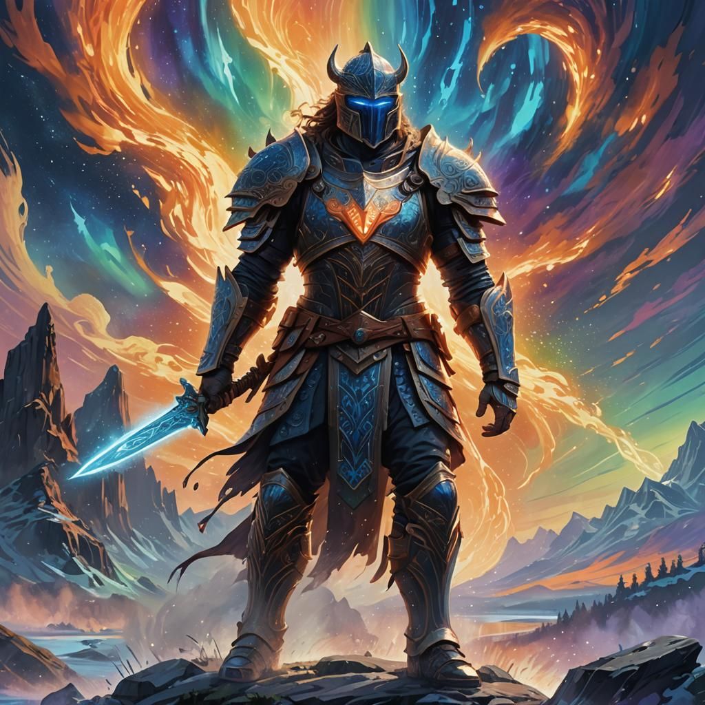 Majestic Warrior in Mystical Aurora Landscape