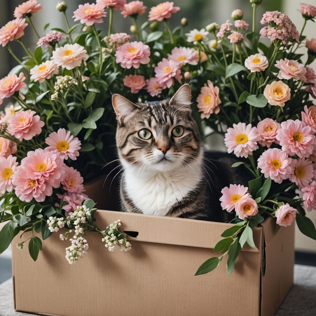 Cat in Box with Flowers: Professional Photography