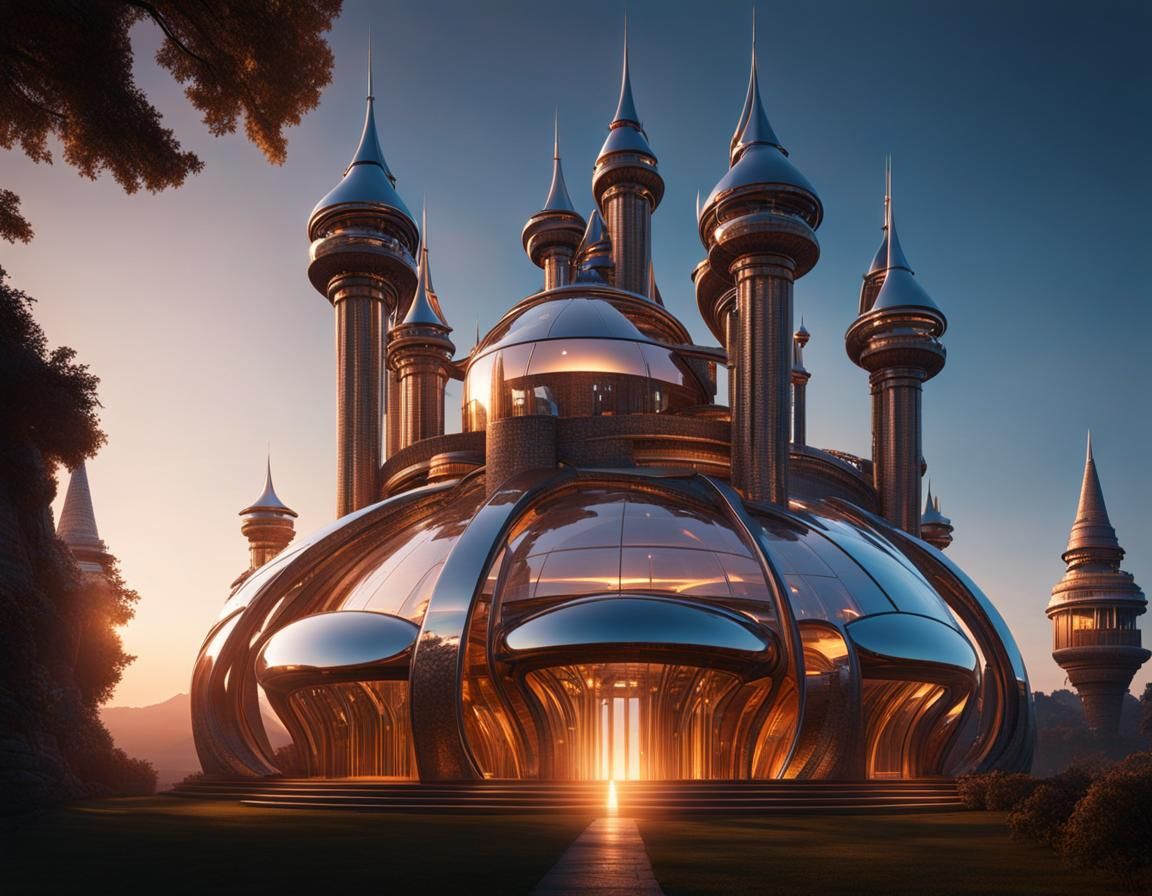 Futuristic Castle with LED Lights at Magic Hour