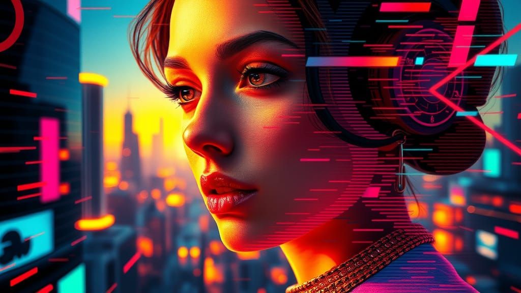 Glitching Pixel Portrait in Dystopian Cityscape