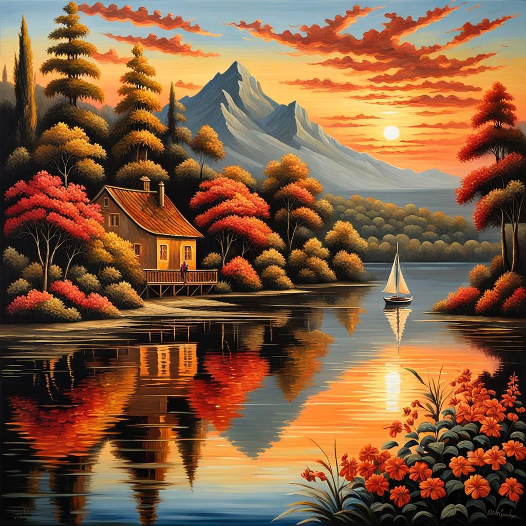 Baroque Sailboat on Lake at Dusk