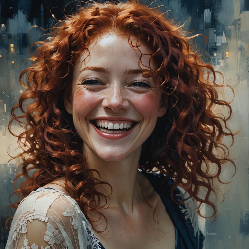 Laughing Woman Portrait with Red Curly Hair