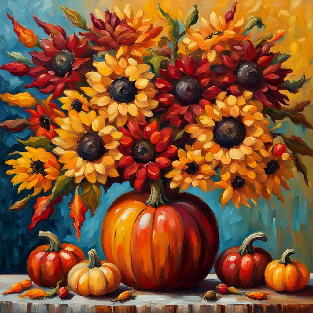 Impasto Pumpkin Carnival: Vibrant Fall Flower Still Life