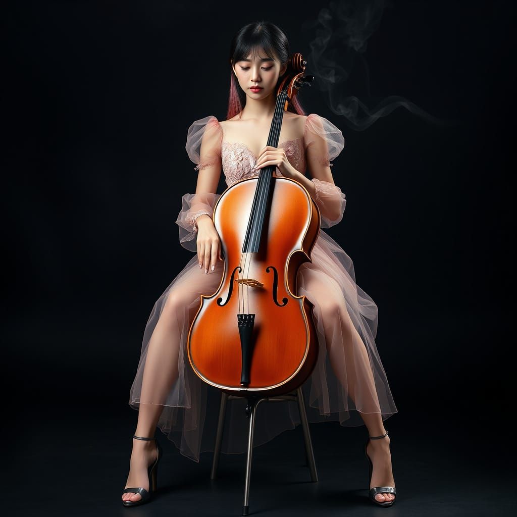 Elegant Japanese Woman with Cello in Pink Gown