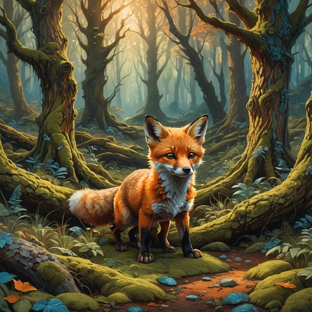 Baby Fox Exploring Forest in Oil Painting Style