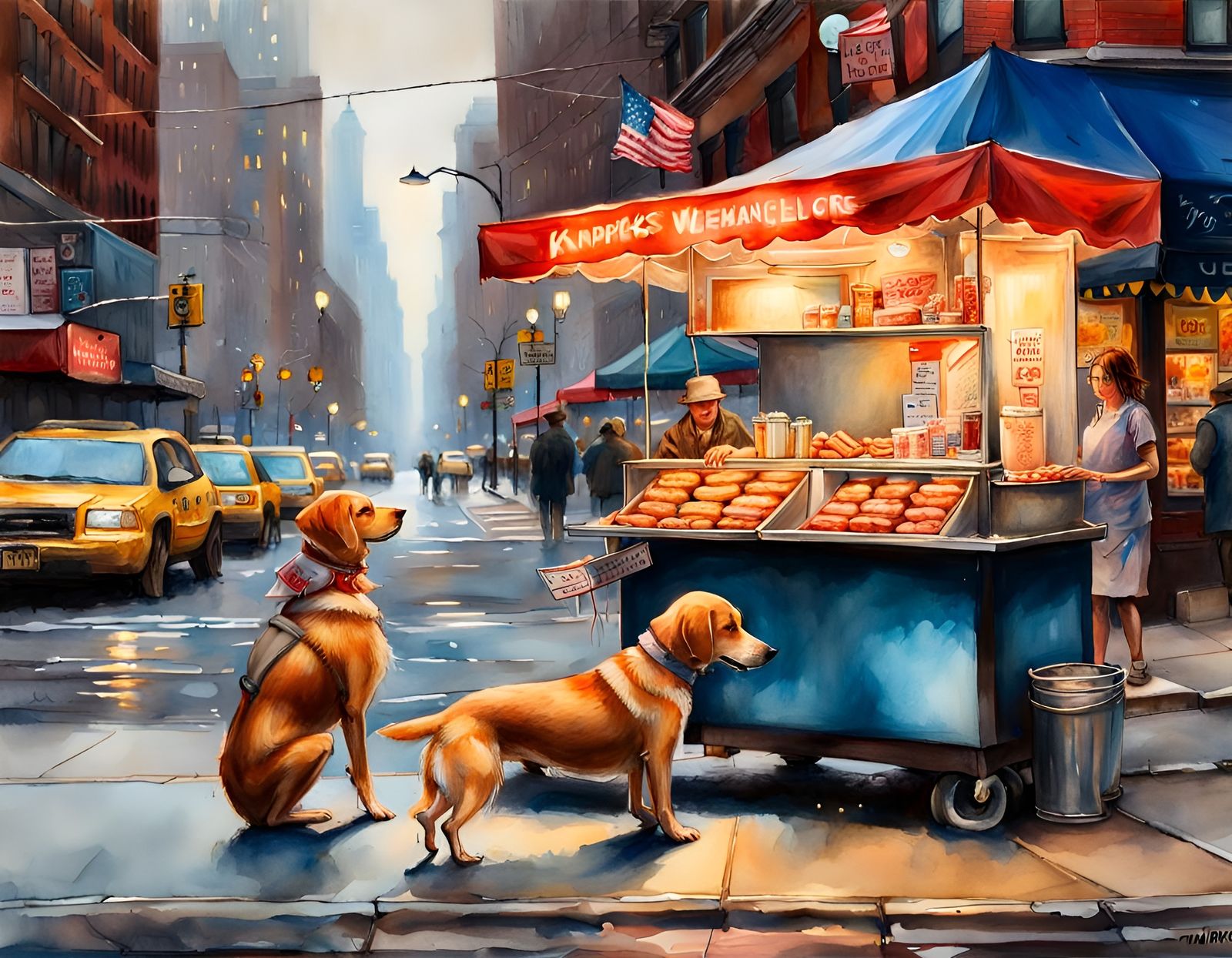 NYC Hot Dog Vendor in Folk Art Style