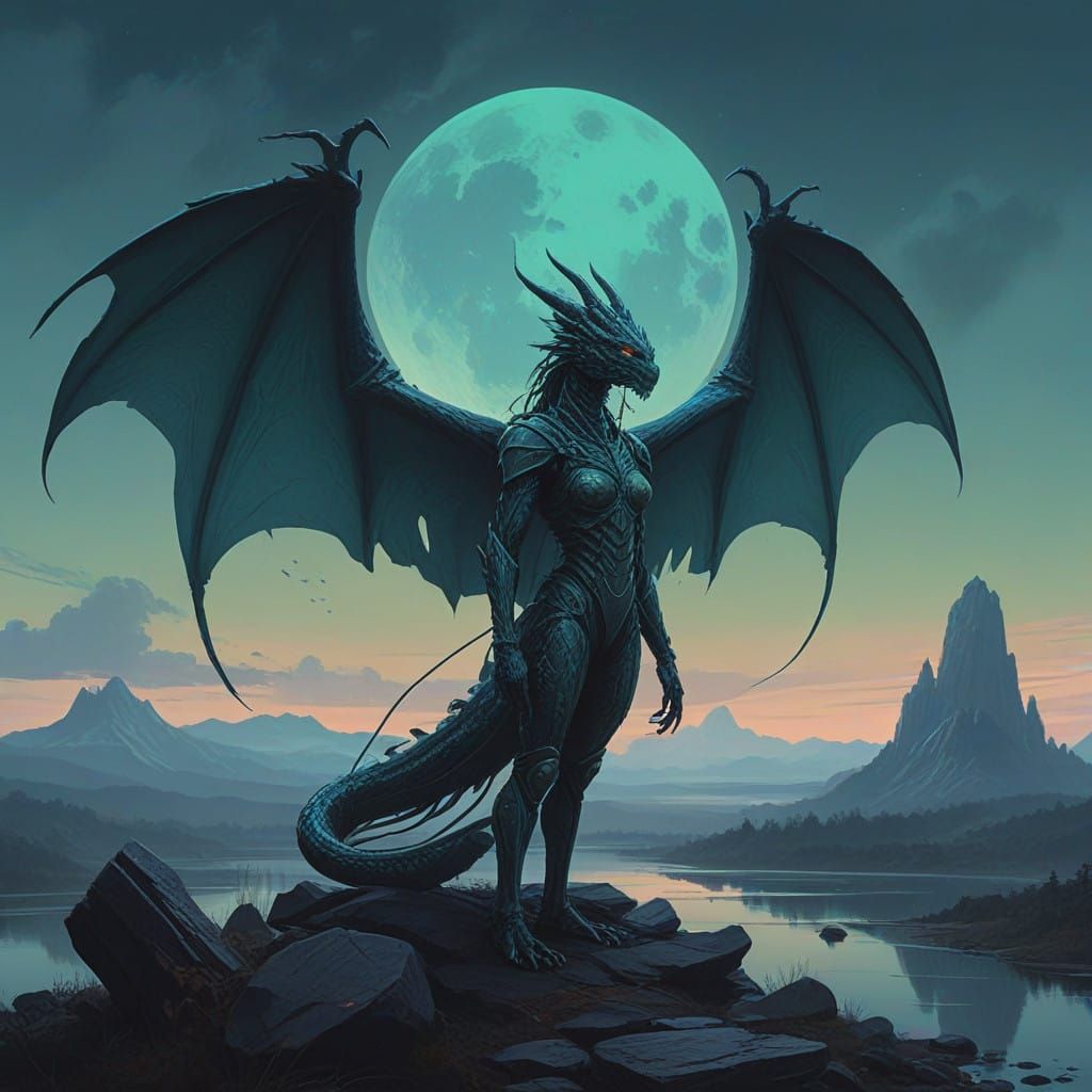 Dragonoid Goddess in Ethereal Clouds, Shimmering Jade Scales