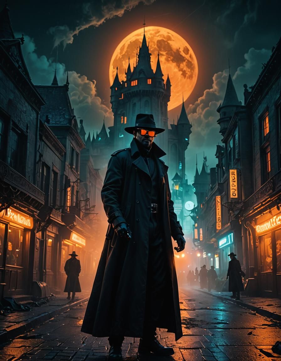 Cyberpunk Figure in Moonlit Night with Neon Lights