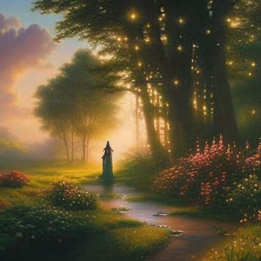 Summer Witch in Meadow with Animals: Oil Painting