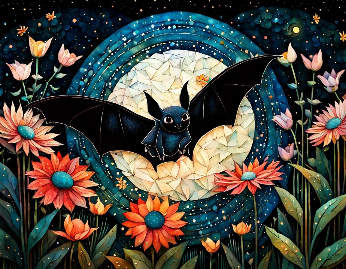 Whimsical Bat in Flower Garden at Night