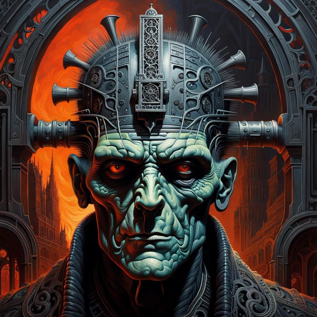 😡🔥 Filigree Frankenstein, Brushed Charcoal, Hyperdetailed, Brain Robot, Paul Lehr, Peter Gric