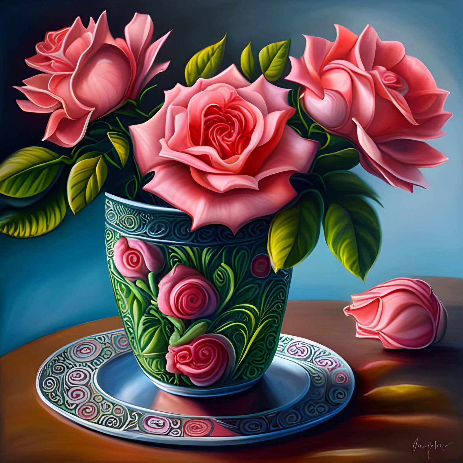 Vivid Roses in Crystal Vase as Oil Painting