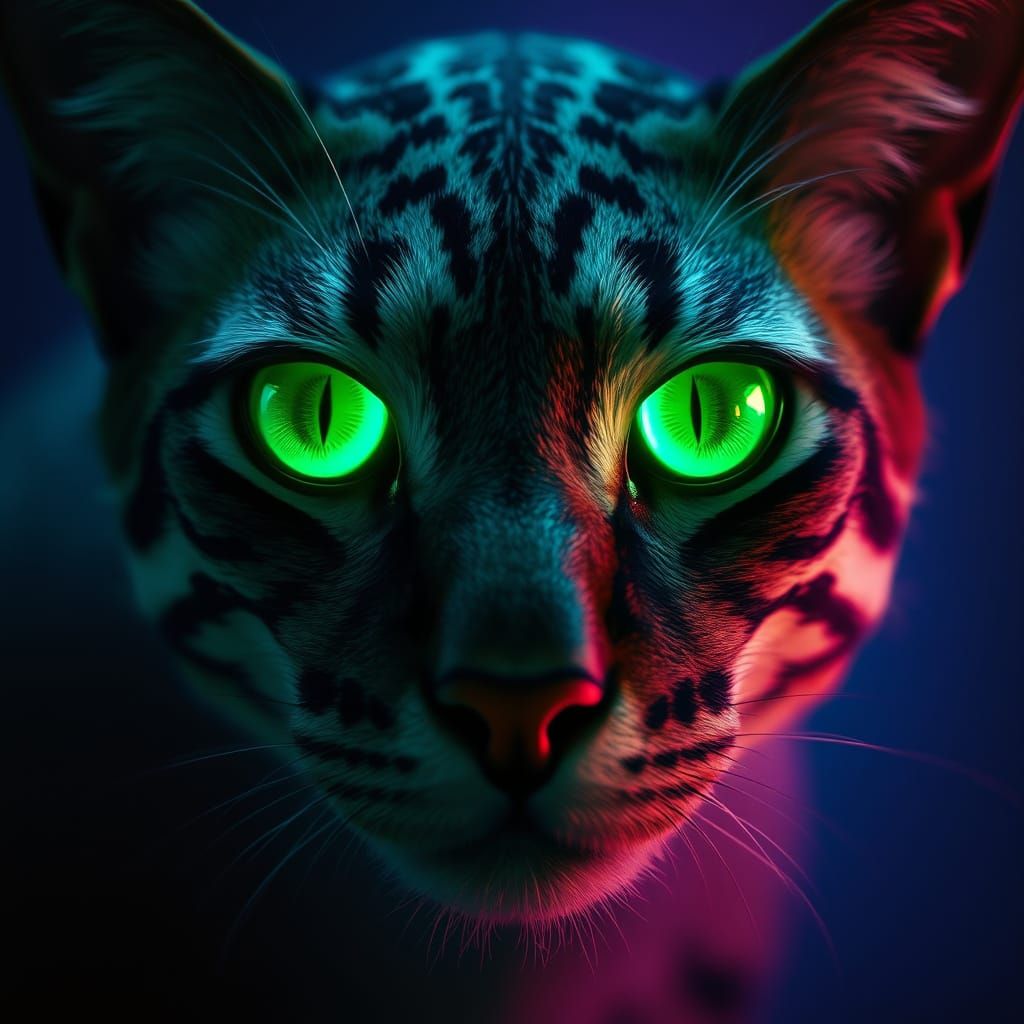 Mysterious Emerald-Eyed Creature in a Dark, Enchanted Landsc...