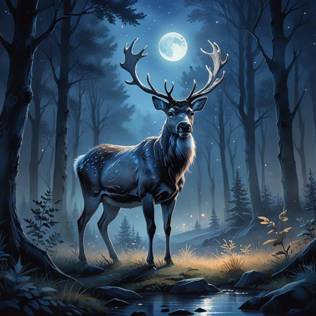 Reindeer in Moonlight: Dreamy Watercolor Digital Painting