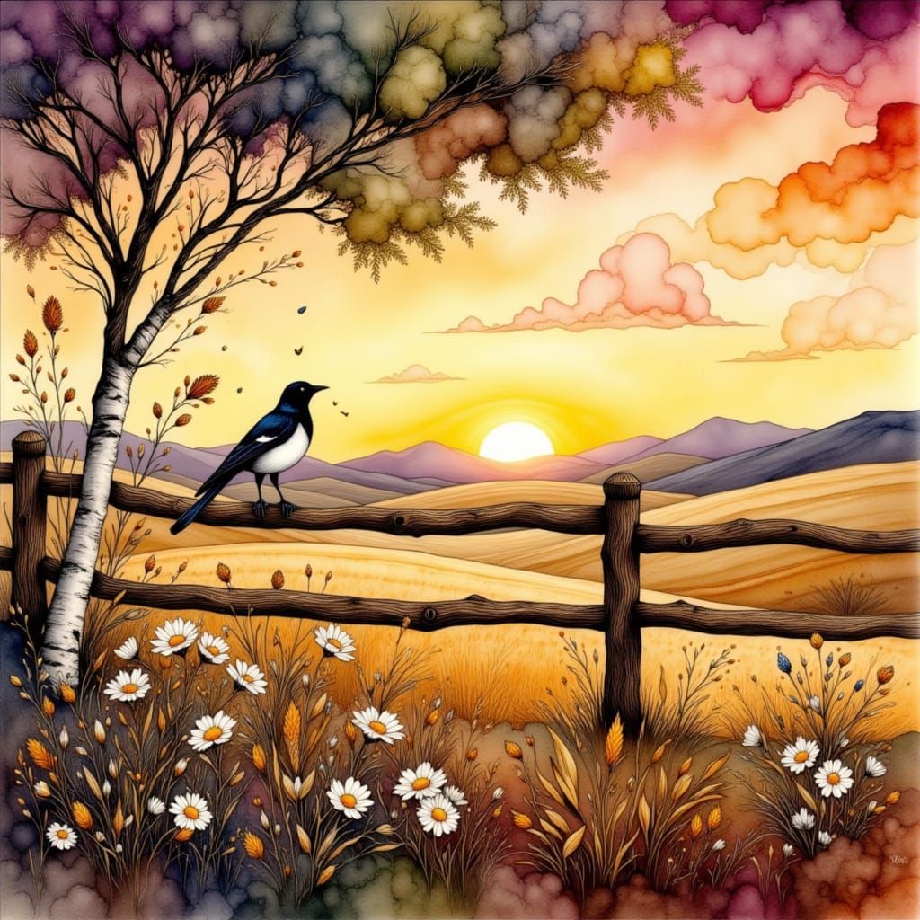 Magpie Sings on Farm Fence at Sunset