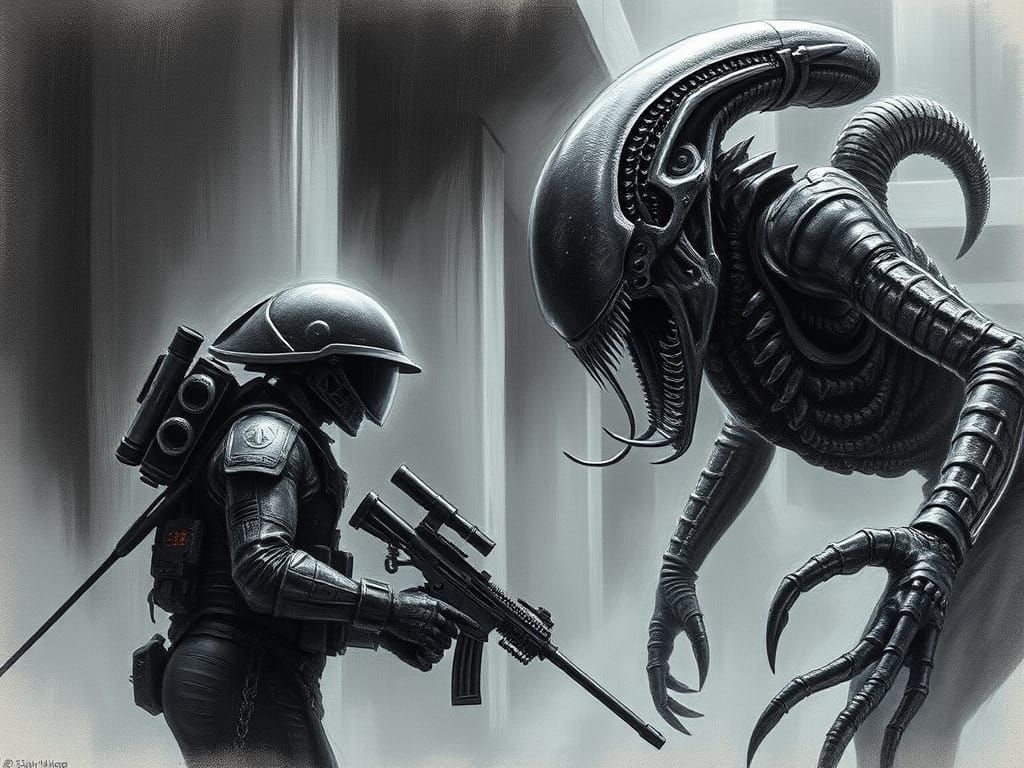 Xenomorph Confrontation: Dark Fantasy Meets Sci-Fi