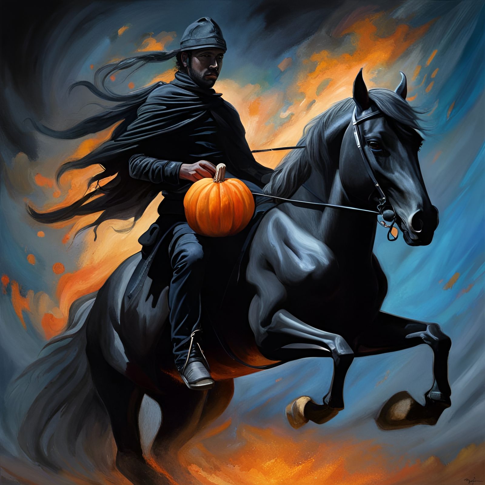Eerie Horseman with Pumpkin in Dramatic Lighting