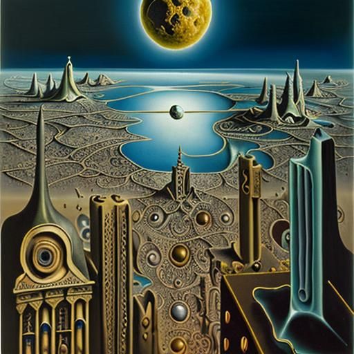 City on the moon surrealism Salvador Dali matte background melting oil on canvas