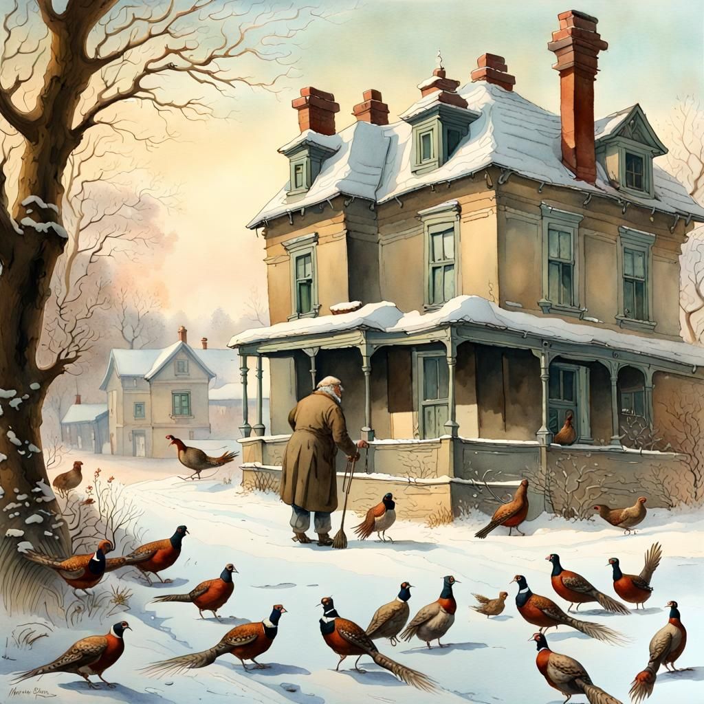 Victorian Winter: Old Man Feeding Pheasants in Gouache